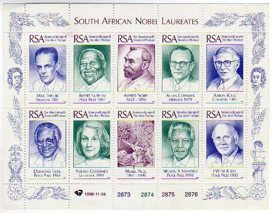 South Africa 1996 Nobel Laureates Mandela De Klerk Sheet MNH