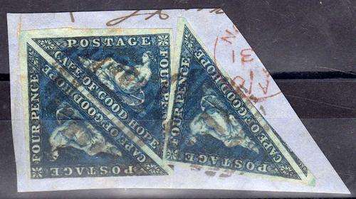 Cape Of Good Hope Triangular 4d stamps on Piece one pair and one single