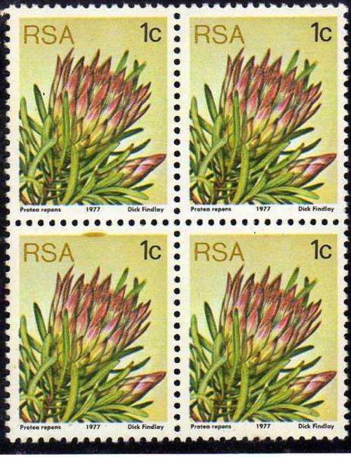 South Africa Brown Smudge at top of 1c stamp in Block of 4 MNH