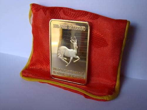 24K GOLD PLATED KRUGER RAND BAR, THEMED"KING OF AFRICA" IN NICE ZIP WALLET