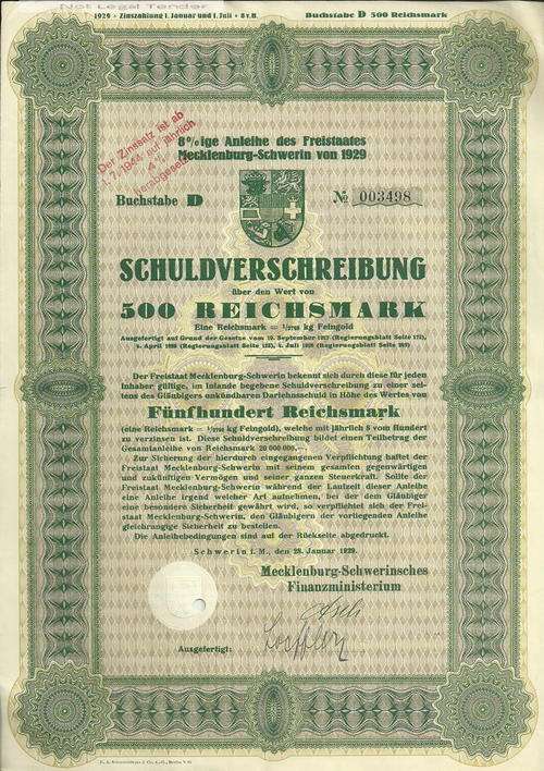 1929 Bond of 500 Reichsmarks (It was as good as Cash)