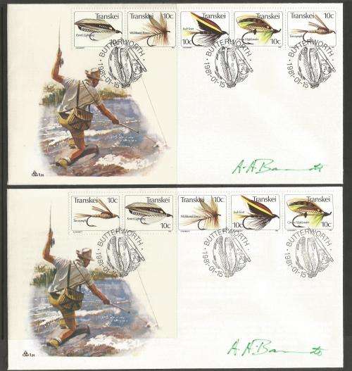 Transkei -Fishing Flies - Full set of 5 different sequence envelopes- all signed by artist.-Rare!