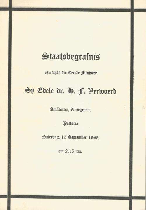RSA - Official HF Verwoerd State Funeral Programme - 10 Sept 1966