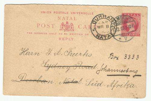Natal reply Post Card - Variety - Very Scarce 'Used Abroad' Item- 1903 See Description