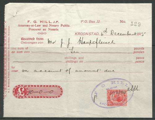 RSA - Kings Head 1d used as revenue on Legal Notary receipt - with attached letter - 1915
