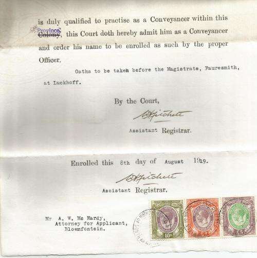 Kings Head 10s/£2/£5 as revenue on Conveyancer appointment letter - 1907