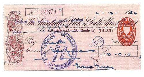 Standard bank - Old 10 pound cheque with 2 pence revenue stamp at back.