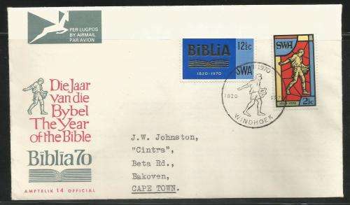 SWA FDC - 1970 - RSA cover 14 / SWA cover 2 - SACC 238-239 - Anniversary of SA Bible Soc.