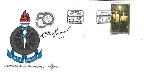 RSA-FDC- 3.33 - Die Voortrekkers- variety- signed by President CR Swart - very scarce!