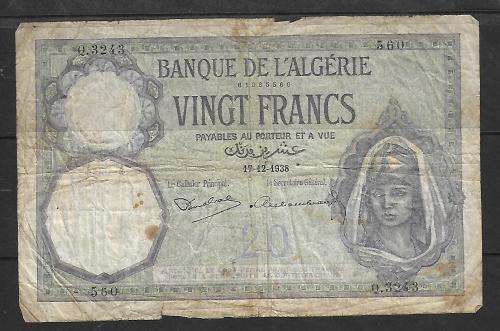 Algerian 20 Francs - 1938 - condition as per scan