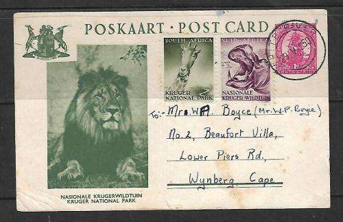 Prepaid Tourism Postcard with Kruger Nat. Park Cinderella stamps - Kruger National Park 1950