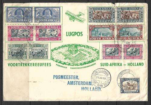 1938 Voortrekker Commemoration Lugpos cover with Amsterdam address & cancellation - see description
