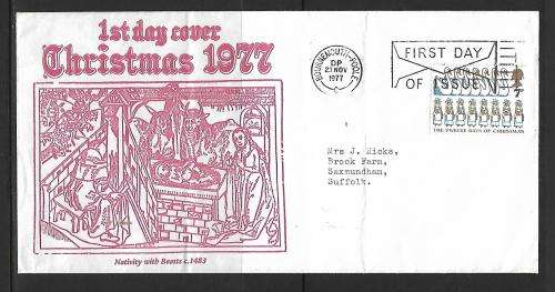 1977 British FDC - Christmas cover `Nativity with Beasts` - with fold on one side