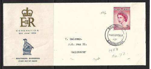 S. Rhodesia 1953 Coronation cover - SACC 79 - slight creases