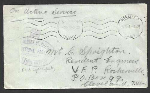 Union - On Active service- Cancelled Premier Camp-Dated 3 March 41-Complete with Rand Light Infantry