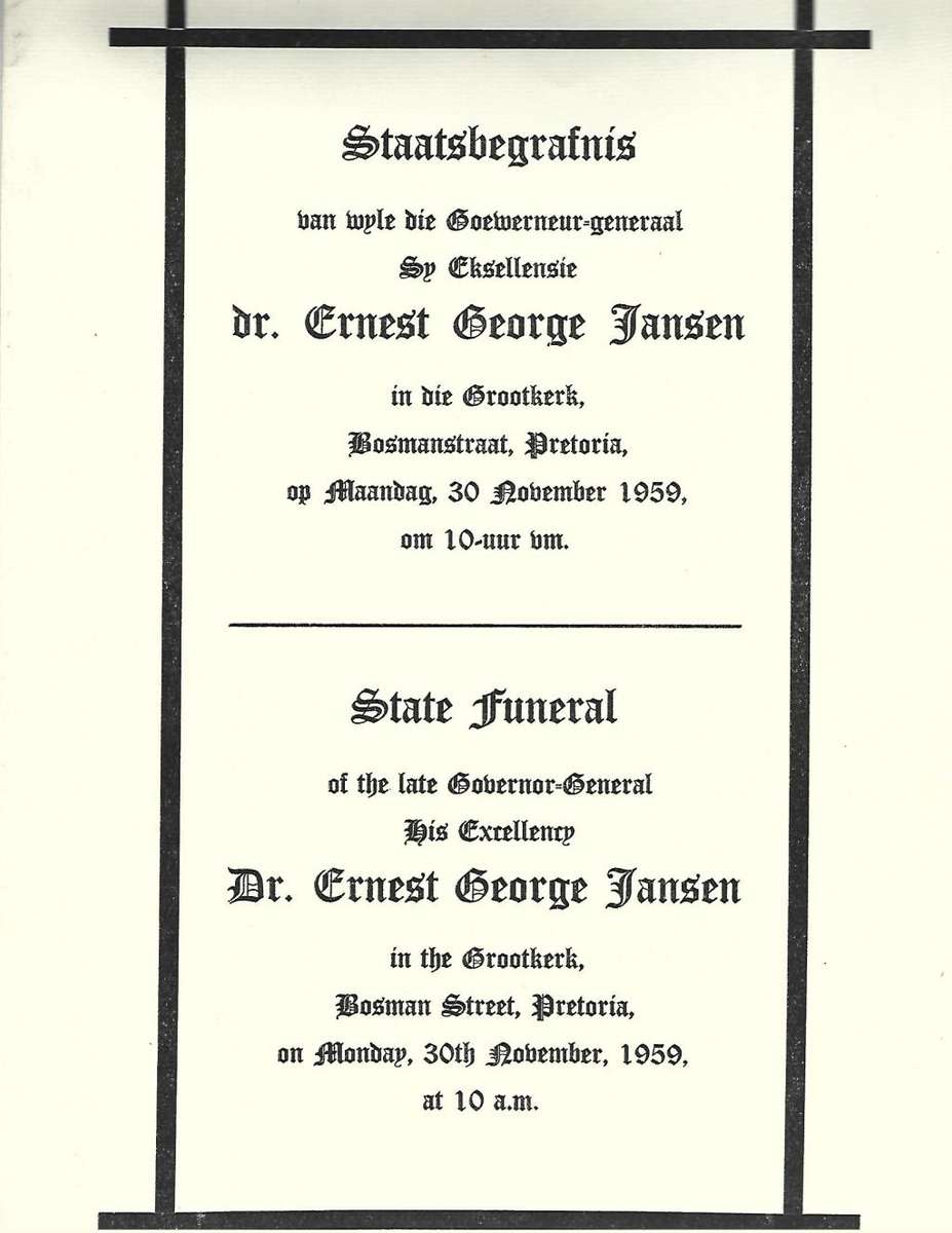 Union - Original State Funeral Program of His Excellence Dr Ernest Jansen- See description.