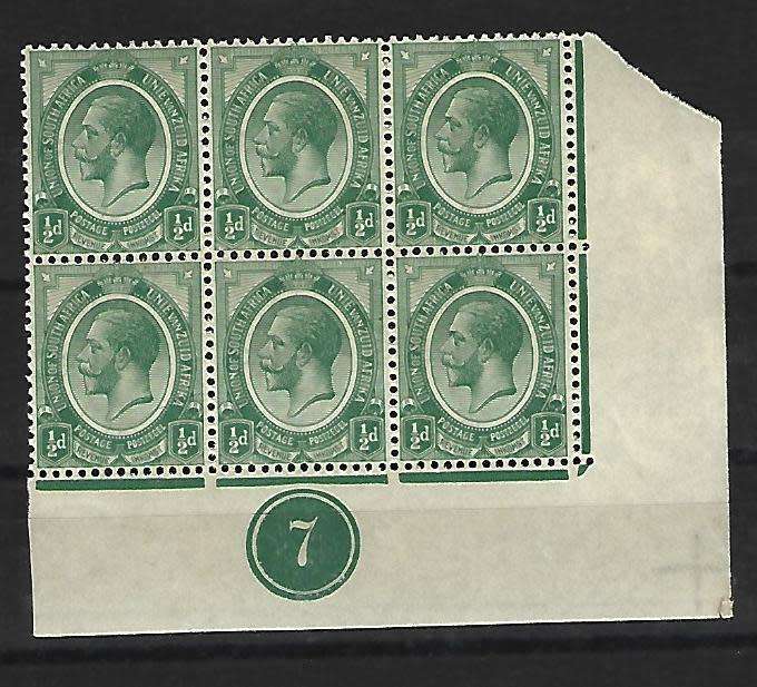 RSA - Union - King George - SACC 2 - Block of 6 with plate nr 7