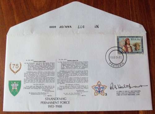SIGNED SADF FIRST DAY COVER - No 3 PERMANENT FORCE