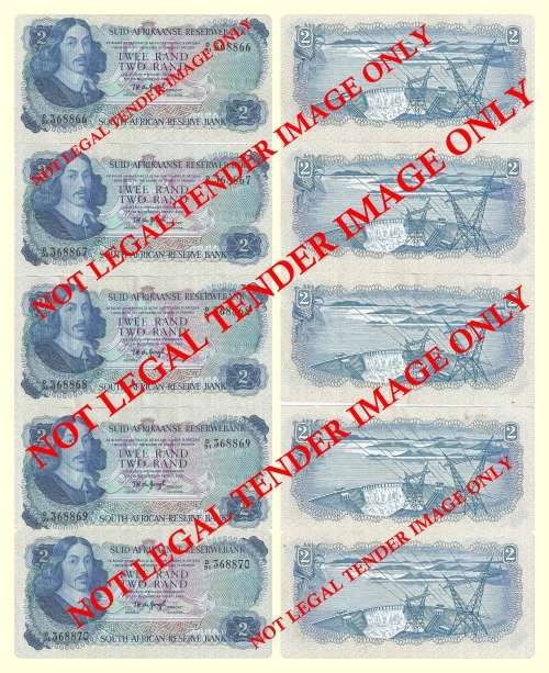 TW DE JONGH 1974 2 RAND 2ND ISSUE 5 Notes Consecutive Numbers 368866 to 368870, as per Photo.