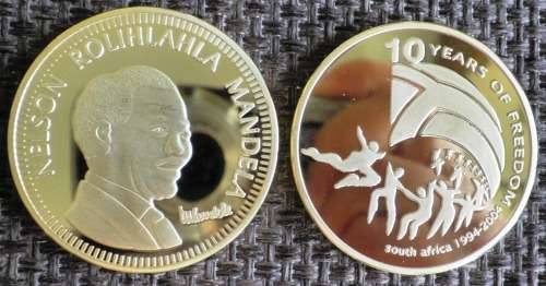NELSON MANDELA 10 YEARS OF FREEDOM GOLD PLATED BRASS