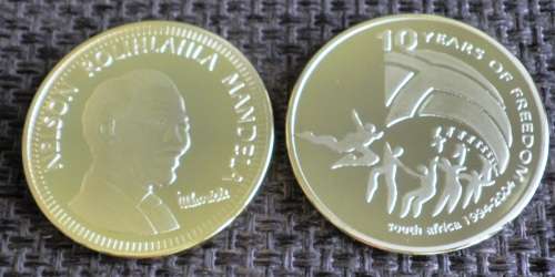 NELSON MANDELA 10 YEARS OF FREEDOM GOLD PLATED BRASS