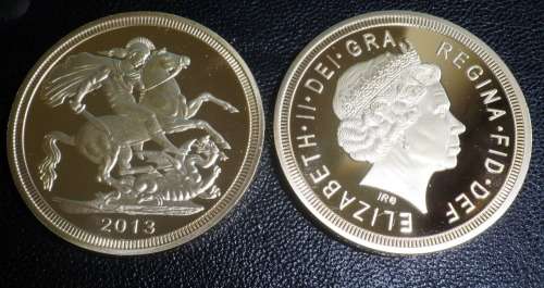 UK SOVEREIGN 5 POUND 2013 FINE GOLD PLATED COPY COIN QUEEN DRAGON