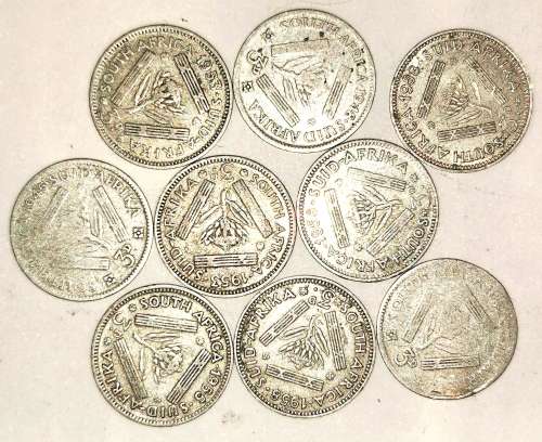 9 x Silver SA 3 Pence Coins 1940`s and 50`s (CLEARANCE)