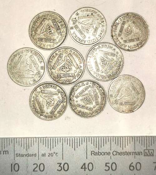 9 x Silver SA 3 Pence Coins 1940`s and 50`s (CLEARANCE)