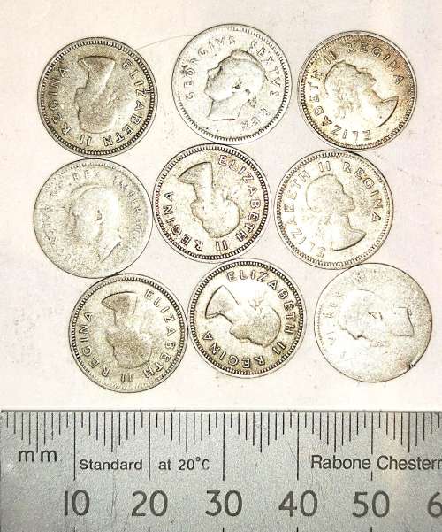 9 x Silver SA 3 Pence Coins 1940`s and 50`s (CLEARANCE)