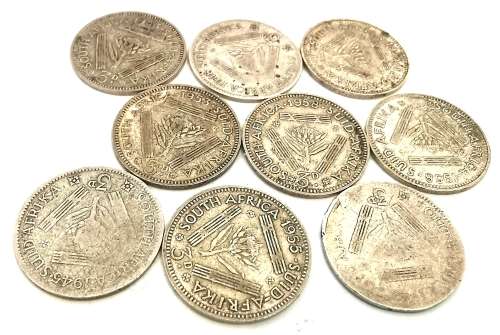 9 x Silver SA 3 Pence Coins 1940`s and 50`s (CLEARANCE)