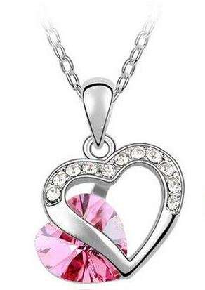 White gold Plated Rose Pink Austrian Crystal Rhinestone Heart Necklace Pendant