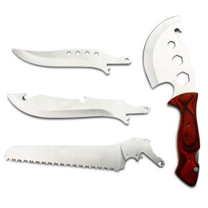 COMPACT SURVIVAL / CAMPING OUTDOOR 4-in-1 TOOL SET - Knife/Axe/Saw - WOOD HANDLE!!