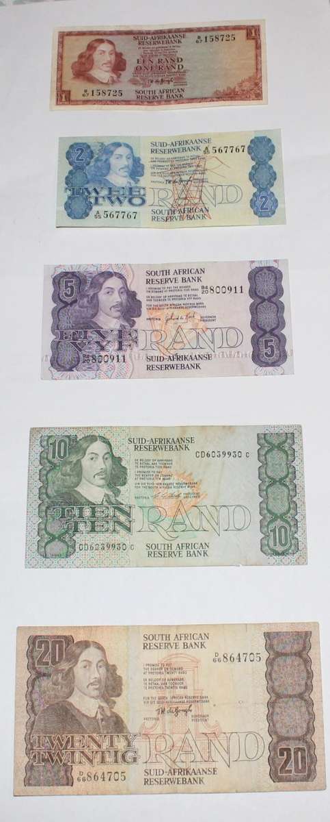 R1 - R2 - R5 -R10 - R20 South African Bank notes
