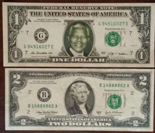Real One  Dollar Bill with Mandela and Two Dollar Bill  - Low R1 Start