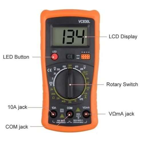 Digital Multimeter - Portable, Backlit LCD, Non-Slip Sleeve, Various Functions, 9V Battery Included