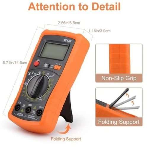 Digital Multimeter - Portable, Backlit LCD, Non-Slip Sleeve, Various Functions, 9V Battery Included