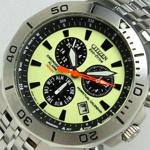 CITIZEN Glow-In-The Dark ECO DRIVE 24 HR ALARM CHRONOGRAPH PERPETUAL CALENDAR 660FT (200m) WR WATCH