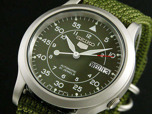 SEIKO AUTOMATIC SEE THRU NATO ARABIC DIAL AVIATOR WATCH SNK805K2**wow !! NO MORE BATTERIES**