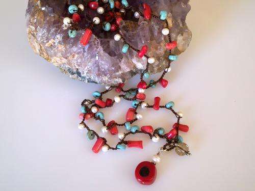 CROCHET CORAL AND PEARL NECKLACE/WRAP BRACELET