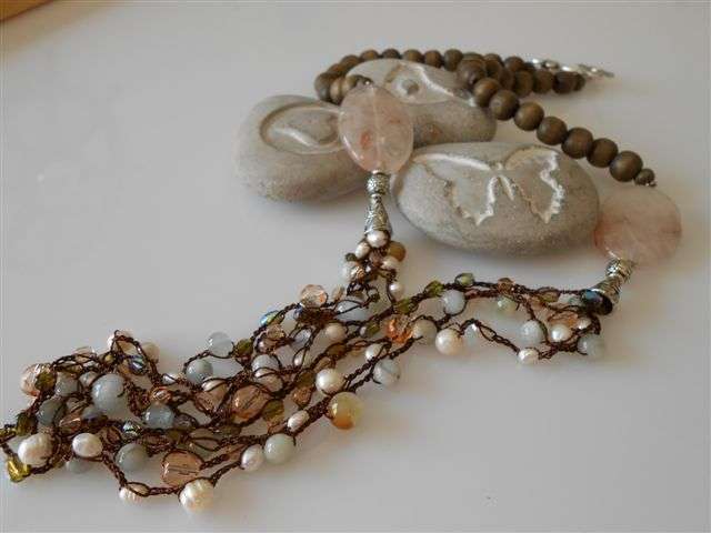 LONG MULTI-STRAND PEARL, SEMI-PRECIOUS AND CRYSTAL CROCHET NECKLACE