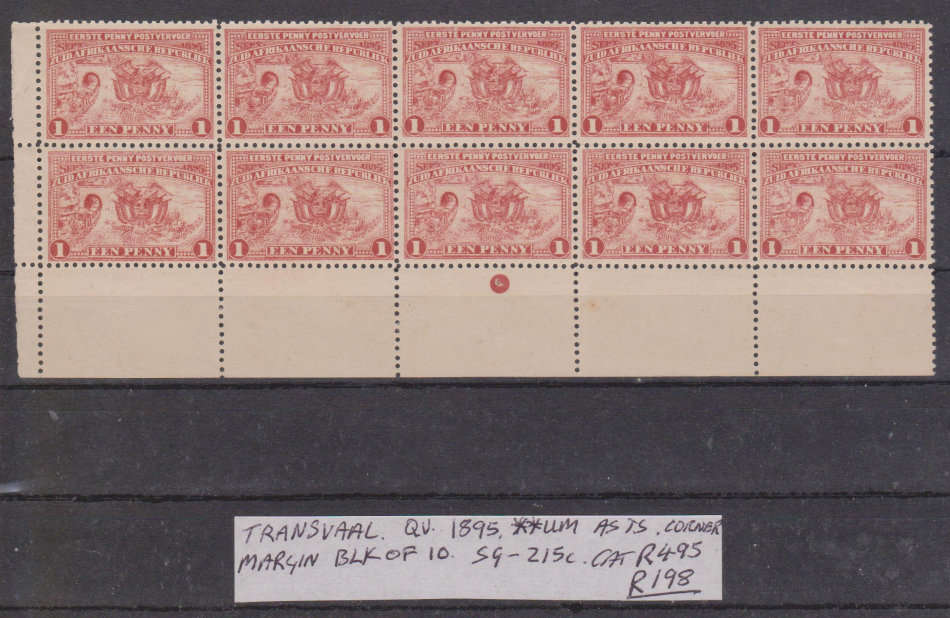 TRANSVAAL : QV : 1895 : UM : BLOCK OF 10 : CAT R495