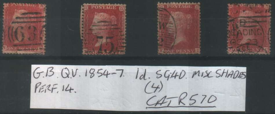 GB : QV : 1854 - 7 : 1d : SG 40 : MIX SHADES : PERF 14 : CAT R570