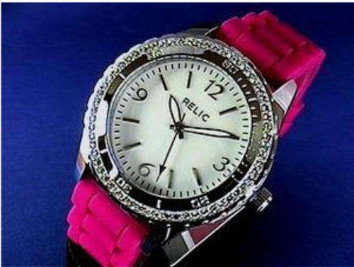 RELIC by FOSSIL ZOOEY SWAROVSKI CRYSTALS HOT PINK SILICONE STRAP WATCH *SUMMER FASHION*