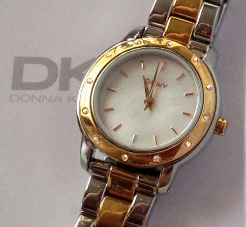 DKNY CRYSTAL ACCENTED TWO TONE MOTHER-OF-PEARL SHIMMERY DIAL LADIES WATCH *1ST BIDDER WINS*