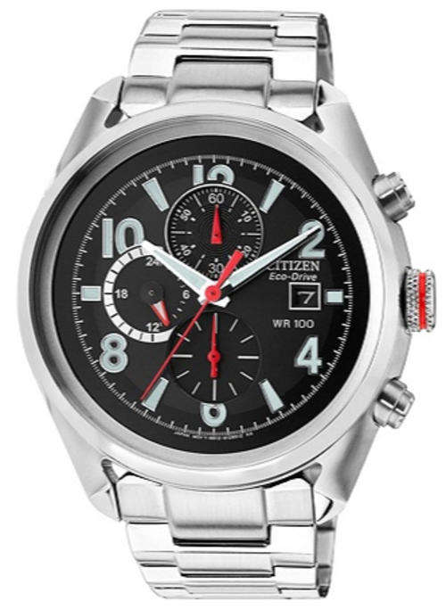 CITIZEN ECO-DRIVE 180PR BLACK DIAL Red Crown Stainless Steel Men's Watch *Best Price*