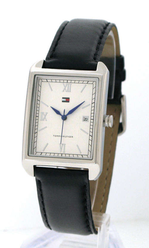 NEW  TOMMY HILFIGER  Men's Silver Dial Black Leather Strap Watch