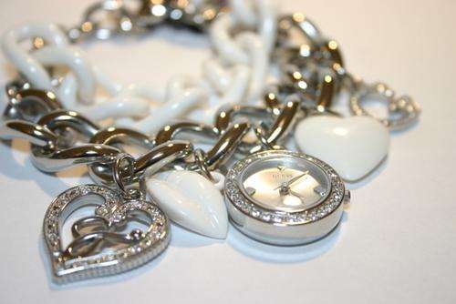 HOT LIMITED EDITION! GUESS RHINESTONE CRYSTALS CHARMS SILVER TONE BRACELET WATCH