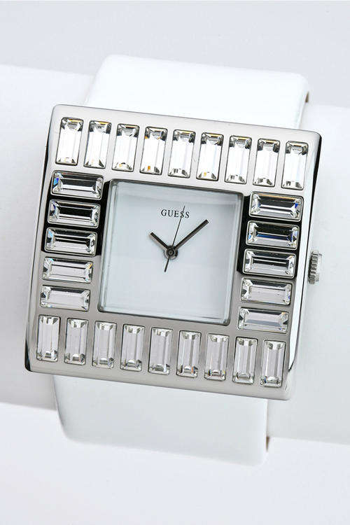 BLING! GUESS MARTINI CRYSTAL ACCENTED WHITE PATENT LEATHER WATCH