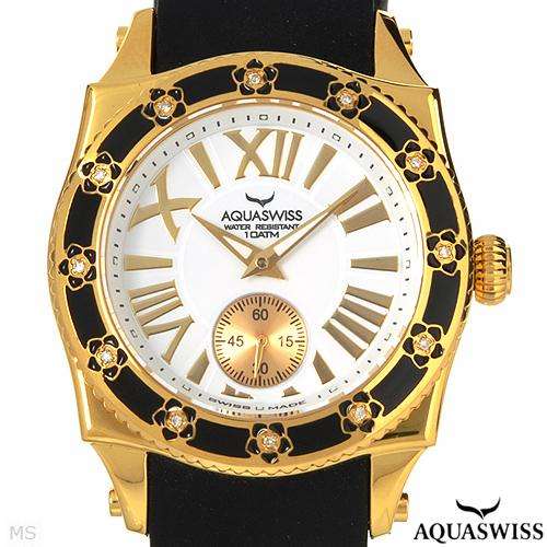 *R25,000.00* EXQUISITE AQUASWISS DIAMOND FLOWER GOLD BLACK RUBBER WATCH