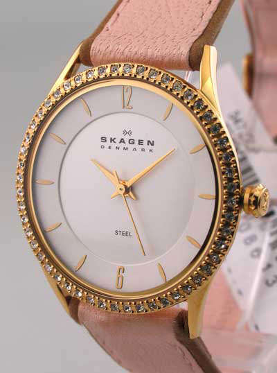BRAND NEW SKAGEN ULTRA THIN GOLD GLITZ PINK LEATHER WATCH